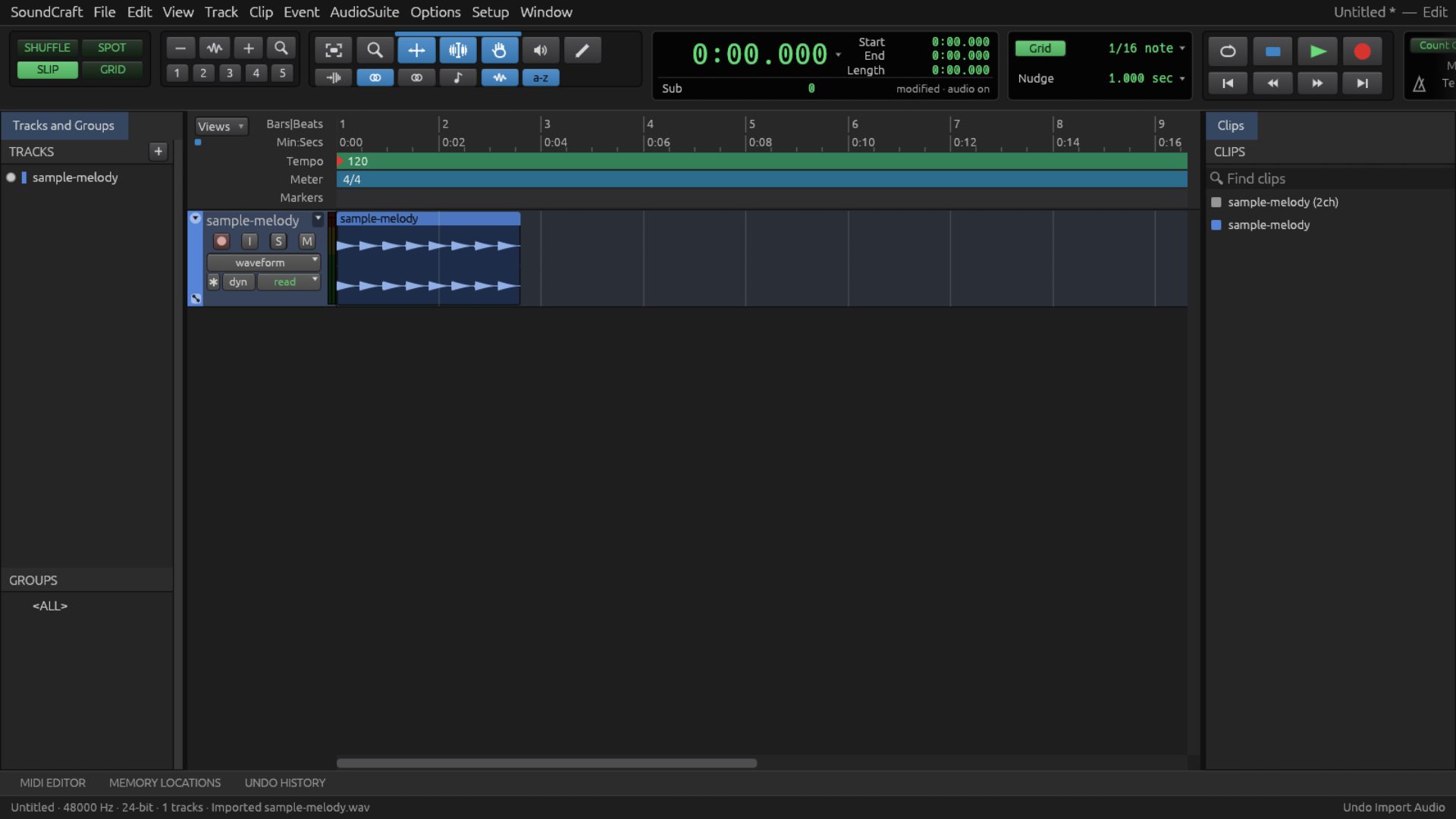 SoundCraft in a browser with an audio track on the timeline, its clips list and transport controls