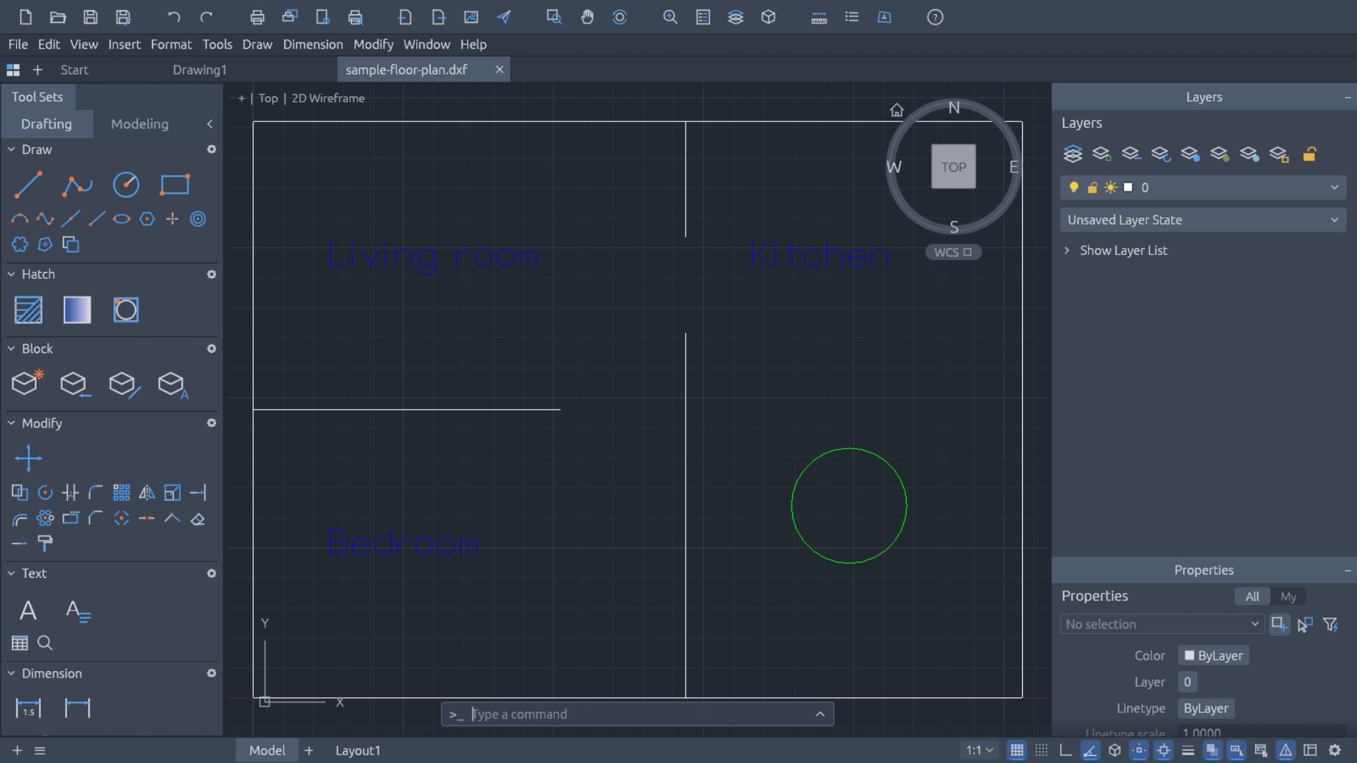 CADCraft in a browser with a DXF floor plan, drawing and modify tools on the left and layers on the right