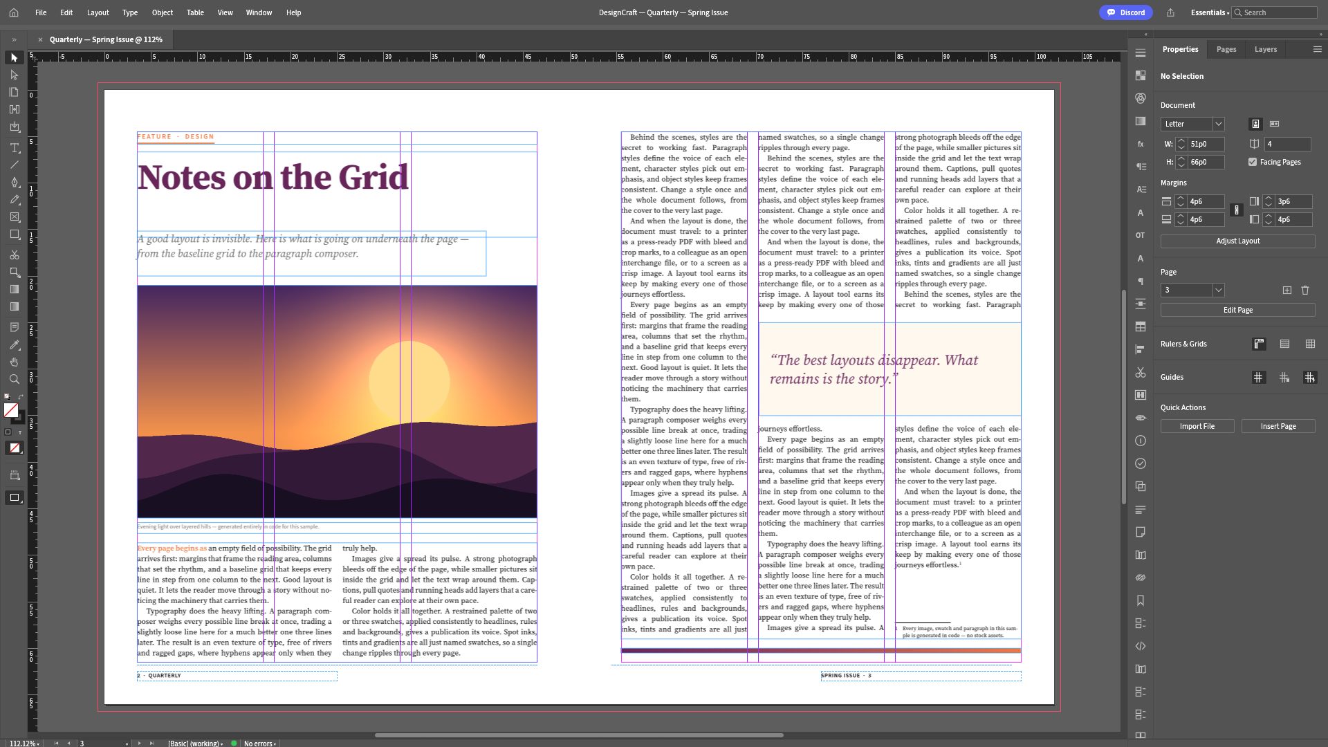 DesignCraft in a browser with a magazine spread: the headline Notes on the Grid, a sunset photo, three text columns and a pull quote