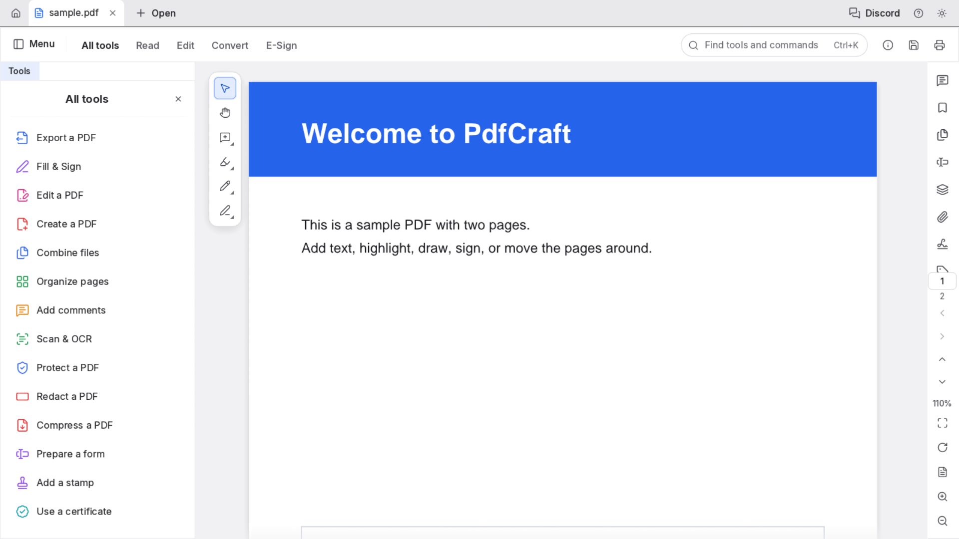 PdfCraft in a browser with a two-page sample PDF open, next to its tools: fill and sign, combine files, organise pages and add comments