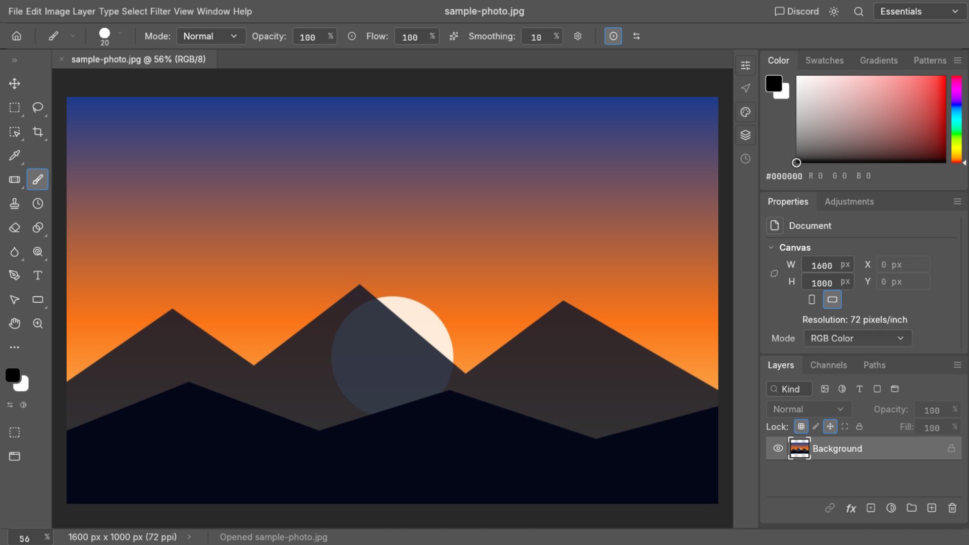 PhotoCraft in a browser editing a sunset photo over mountains, with its tools, colour picker and layers panel