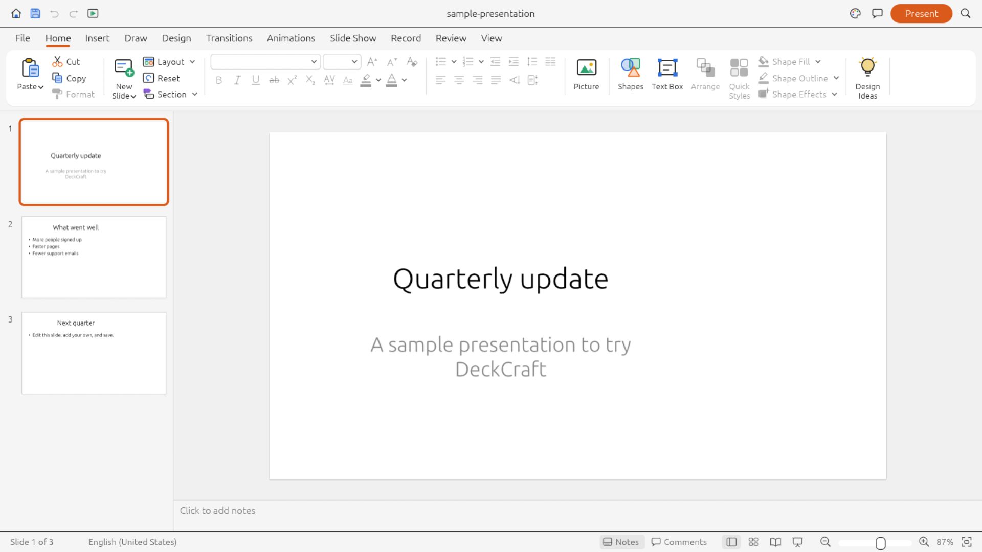 DeckCraft in a browser editing a three-slide PowerPoint presentation called Quarterly update