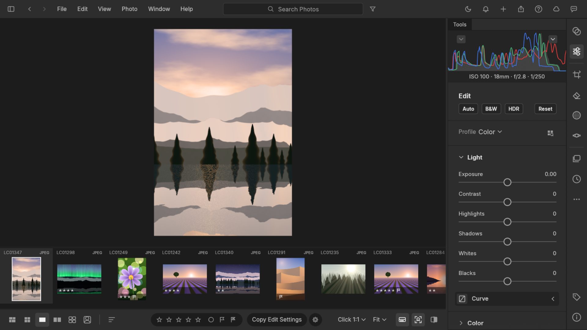 LightCraft in a browser with a lake photo, a histogram and light sliders for exposure, contrast and highlights, and a strip of photos below