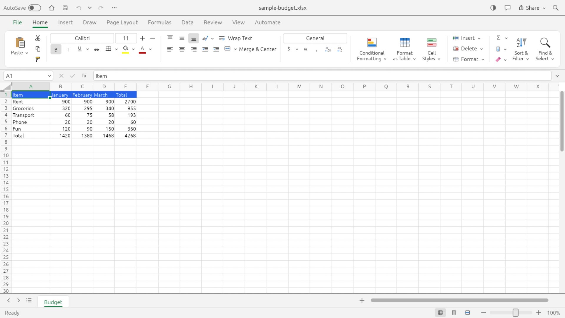 GridCraft in a browser editing a budget spreadsheet with monthly costs and totals, under an Excel-style ribbon