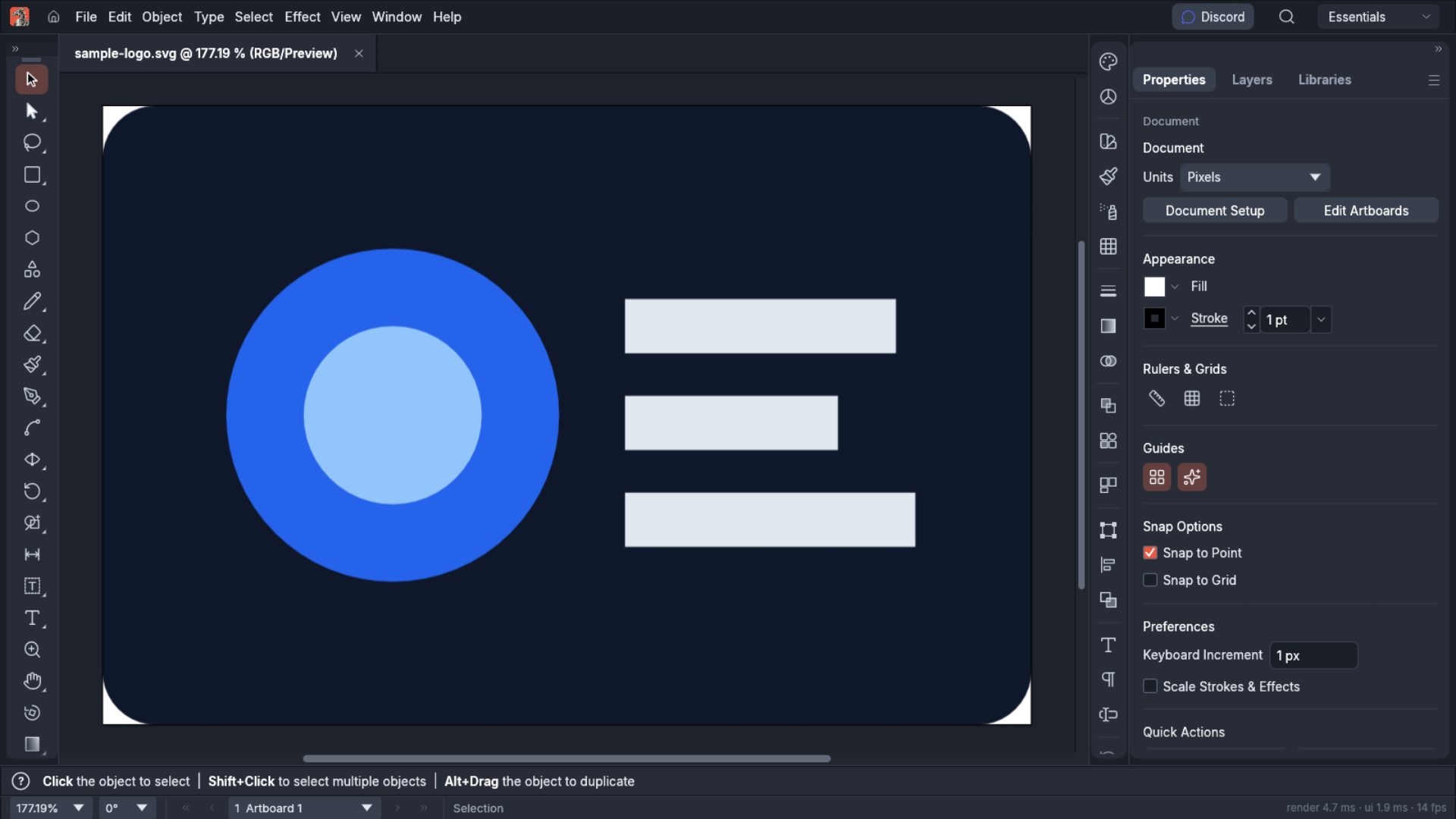 VectorCraft in a browser editing an SVG logo, with drawing tools on the left and a properties panel on the right