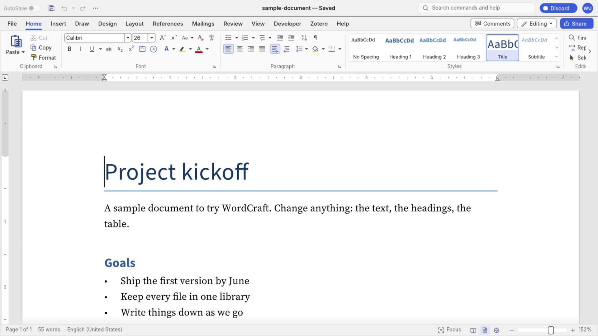 WordCraft in a browser editing a Word document titled Project kickoff, with the ribbon of formatting tools above it